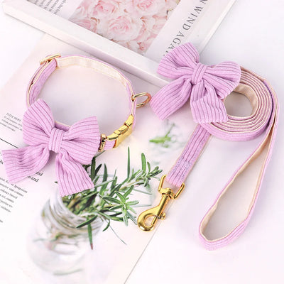 Cute Pink Dog Collar Leash Set With Bowtie Adjustable